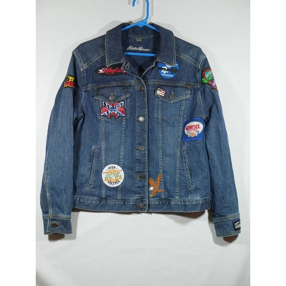 Eddie Bauer Denim Jean Jacket Patches Women XL Biker Bike Week Bands Beer - Picture 1 of 16